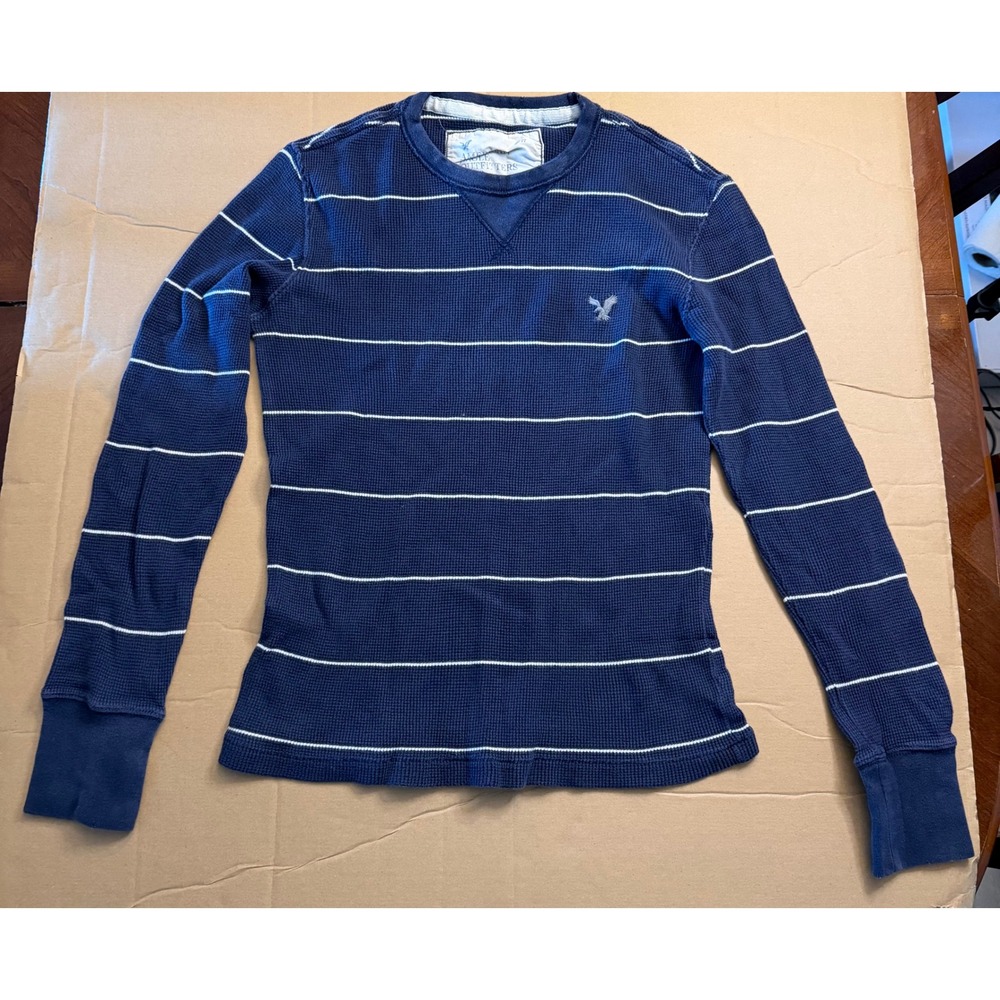 American Eagle Mens Small Blue White Striped Waffle Knit Thermal Long Sleeve